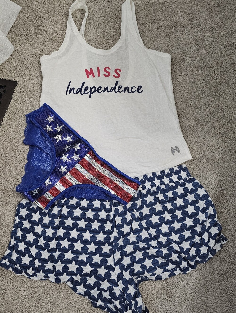 Victoria Secrer ANGELS Miss Independence White Tank Top & Stars Shorts Set